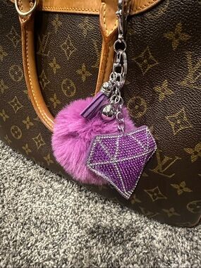Bag Charm Keyring with Purple Pom Pom and Purple and Clear Crystal Diamond